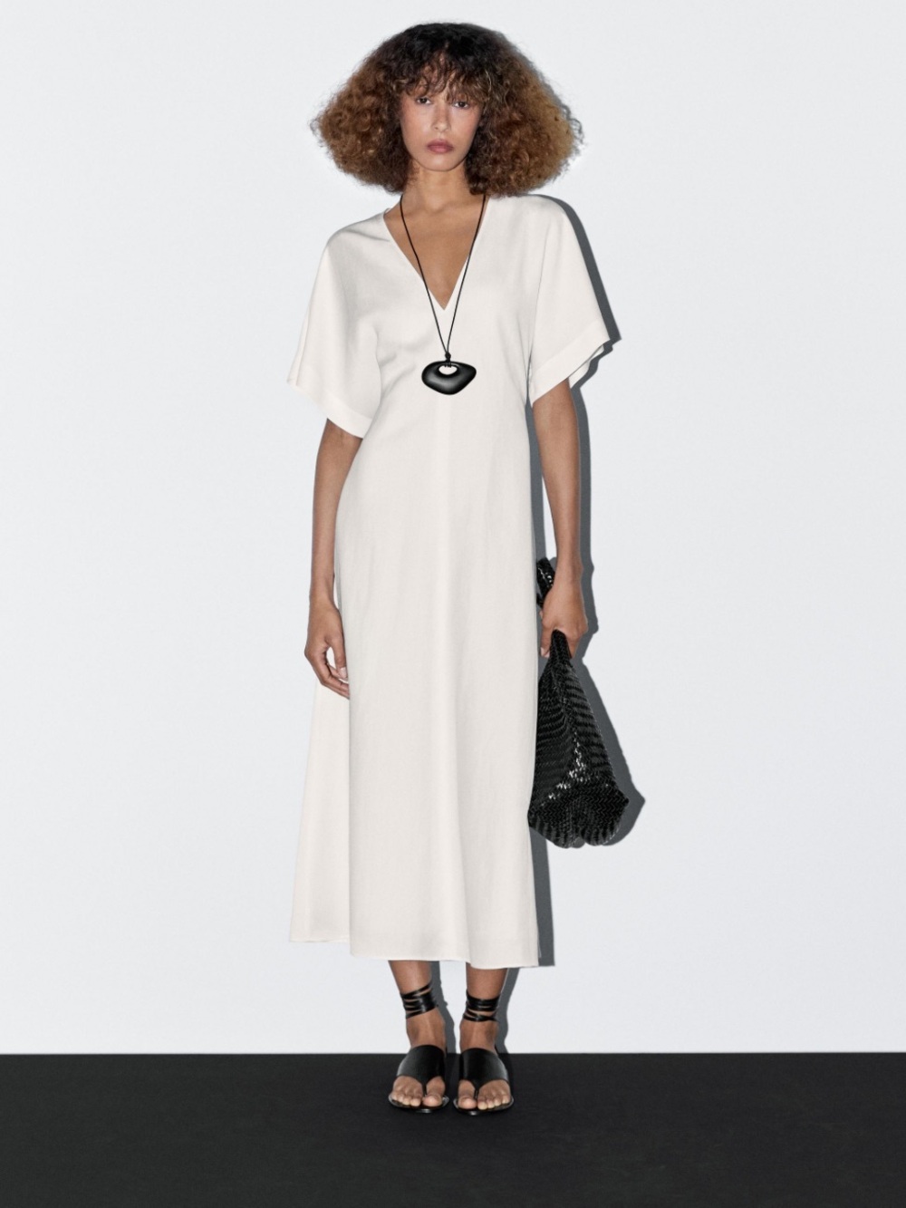 Massimo Dutti Ivory V-Neck Midi Dress